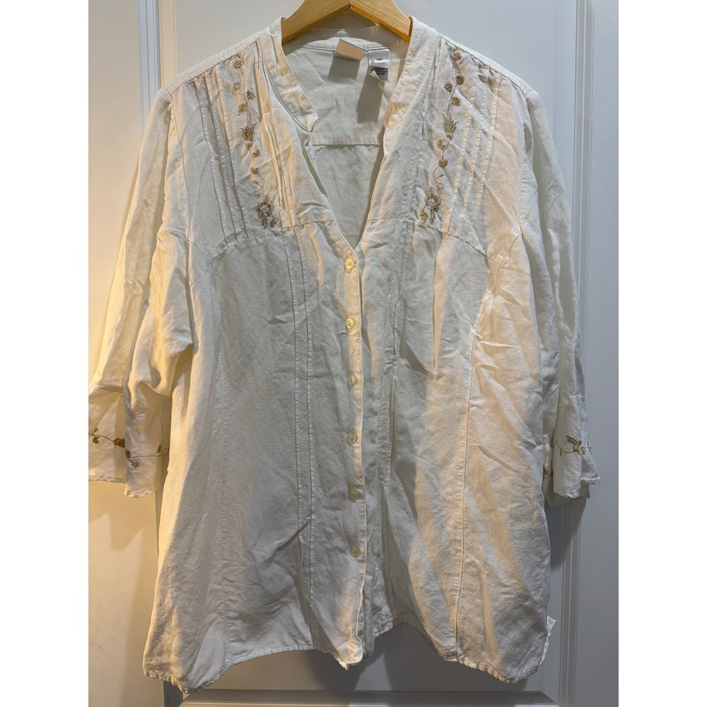 Emma James Woman White Linen Blend Embroidered Pintuck Blouse Top 18W
